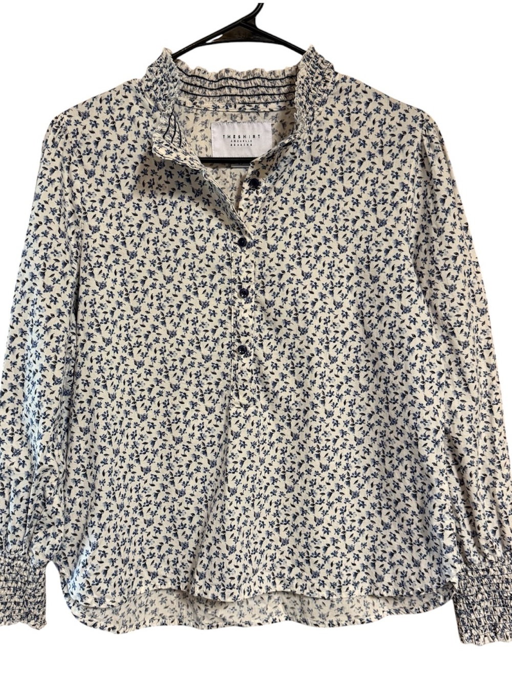 The Shirt by Rochelle Behrens White Blouse with Navy Floral Print Cotton Smocked